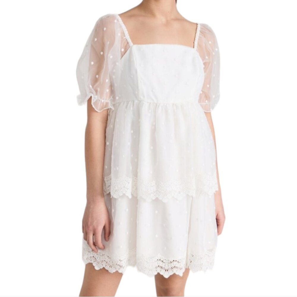 ENGLISH FACTORY Embroidered Polka-Dot Scallop Eyelet Trim Organza Mini Dress